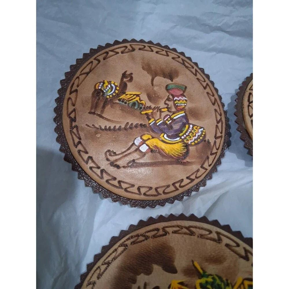 Vintage Andean Leather Coaster Set Of 4 Handpainted Designs Colorful 3.5 